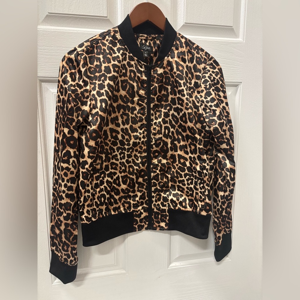 City Streets Leopard Print Bomber Jacket Women’s Size S Satin Animal Print